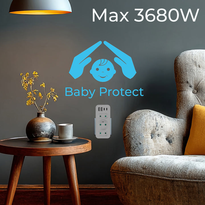 Prise de courant x3 + 4xUSB Maclean, répartiteur 3 prises, 2xUSB A, 2xUSB C PD 20W, 1x16A + 2x6A, MCE248 F/W, 3 pièces