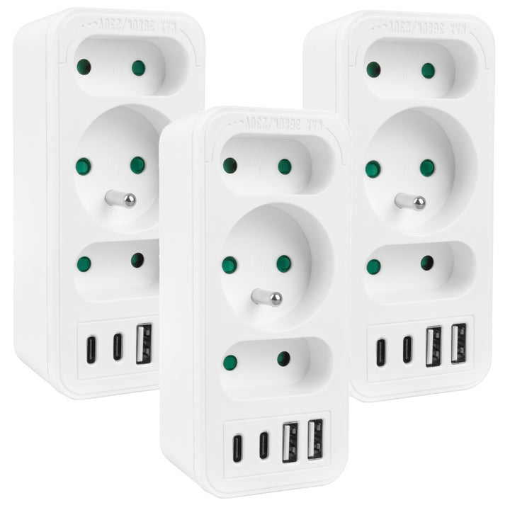 Prise de courant x3 + 4xUSB Maclean, répartiteur 3 prises, 2xUSB A, 2xUSB C PD 20W, 1x16A + 2x6A, MCE248 F/W, 3 pièces