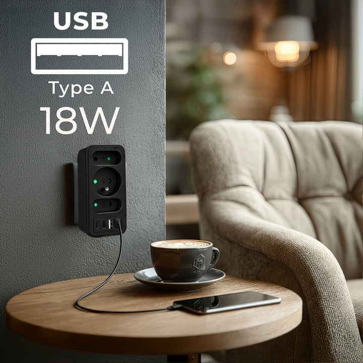 Prise de courant x3 + 4xUSB Maclean, répartiteur 3 prises, 2xUSB A, 2xUSB C PD 20W, 1x16A + 2x6A, MCE248 F/B, 2 pièces
