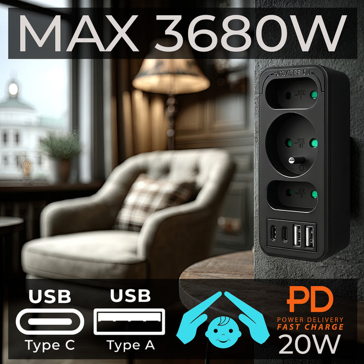 Prise de courant x3 + 4xUSB Maclean, répartiteur 3 prises, 2xUSB A, 2xUSB C PD 20W, 1x16A + 2x6A, MCE248 F/B, 3 pièces