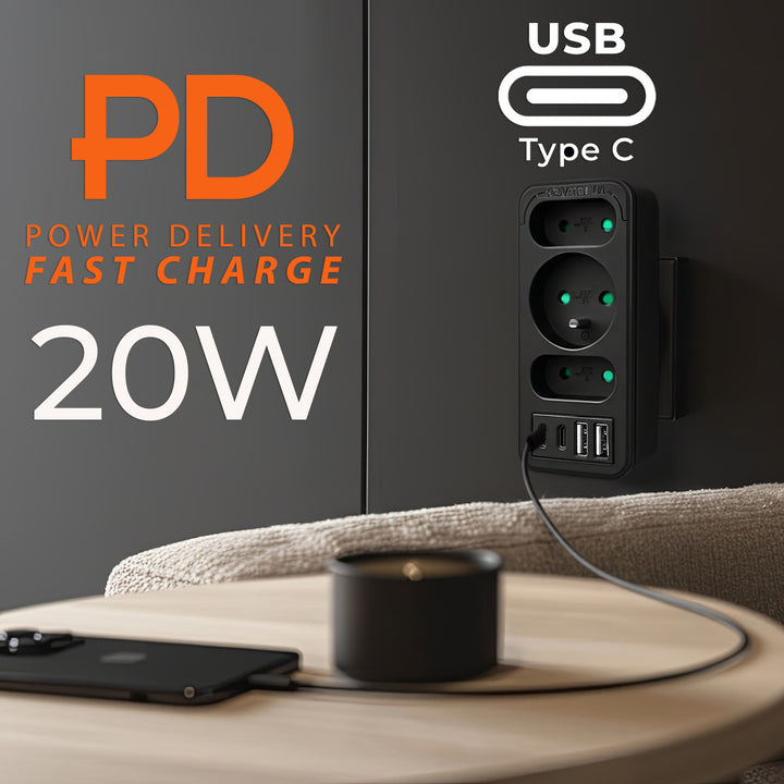 Prise de courant x3 + 4xUSB Maclean, répartiteur 3 prises, 2xUSB A, 2xUSB C PD 20W, 1x16A + 2x6A, MCE248 F/B, 3 pièces