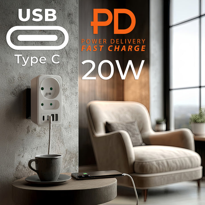 Prise de courant Maclean x2 + 4xUSB, splitter avec 2 prises, 2xUSB A, 2xUSB C PD 20W, 1x16A + 1x6A, MCE249 F/W, 2 pièces