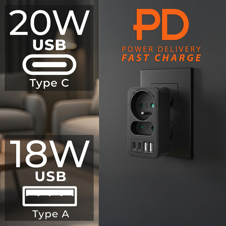 Prise de courant Maclean x2 + 4xUSB, répartiteur avec 2 prises, 2xUSB A, 2xUSB C PD 20W, 1x16A + 1x6A, MCE249 F/B, 2 pièces