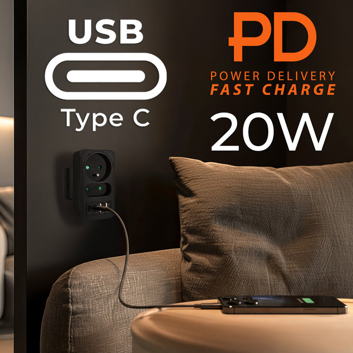 Prise de courant Maclean x2 + 4xUSB, splitter avec 2 prises, 2xUSB A, 2xUSB C PD 20W, 1x16A + 1x6A, MCE249 F/B, 3 pièces
