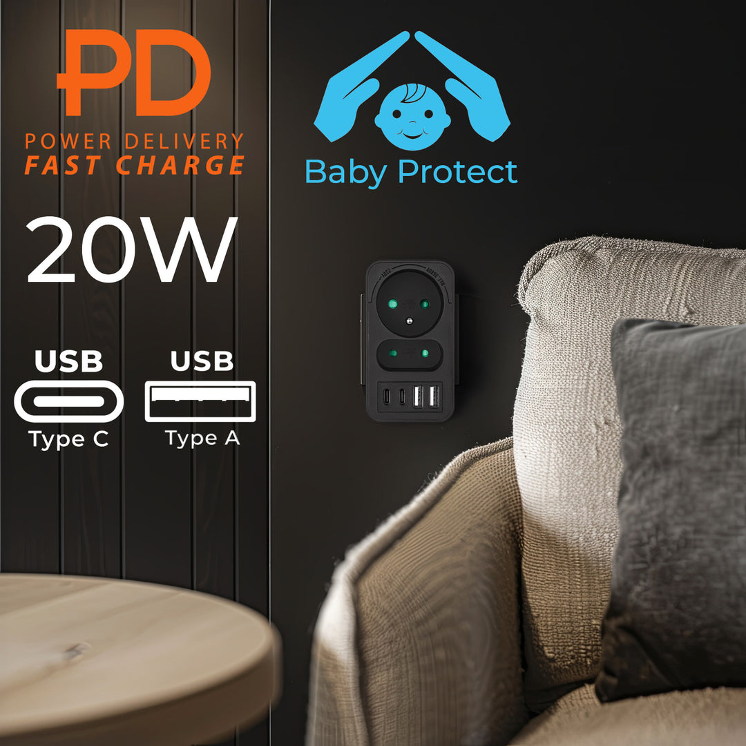 Prise de courant Maclean x2 + 4xUSB, splitter avec 2 prises, 2xUSB A, 2xUSB C PD 20W, 1x16A + 1x6A, MCE249 F/B, 3 pièces