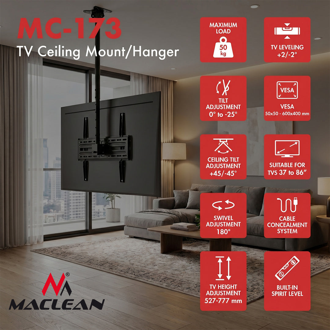 Support / fixation au plafond pour téléviseur Maclean, charge maximale 50 kg, 37-86", VESA max. 600x400, MC-173