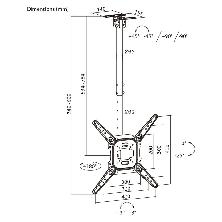 Support / fixation au plafond pour téléviseur Maclean, charge maximale 35 kg, 23-55", VESA max. 400x400, MC-174