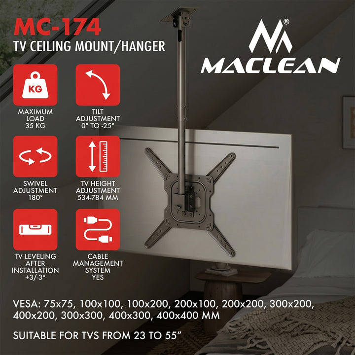 Support / fixation au plafond pour téléviseur Maclean, charge maximale 35 kg, 23-55", VESA max. 400x400, MC-174