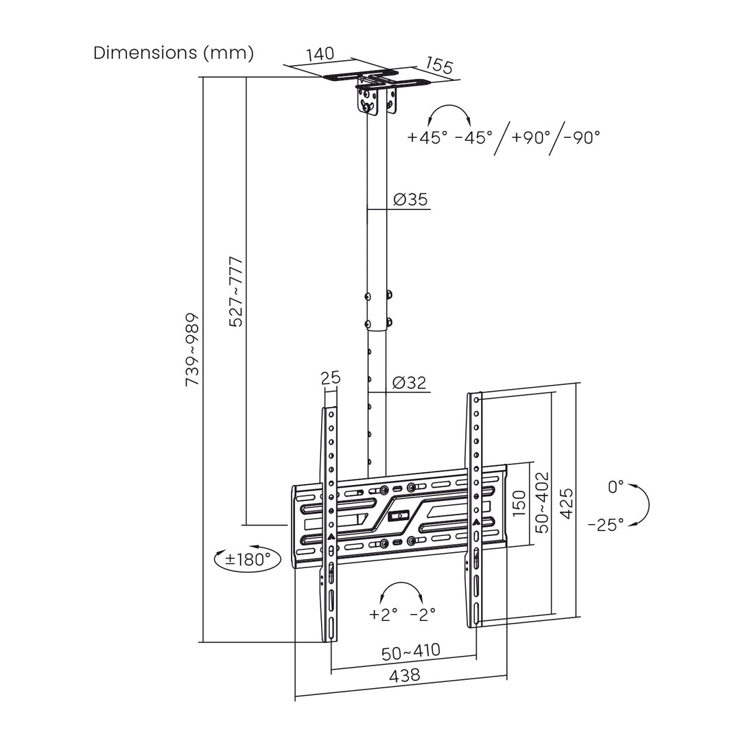 Support / fixation au plafond pour téléviseur Maclean, charge max. 50 kg, 37-75", VESA max. 400x400, MC-175