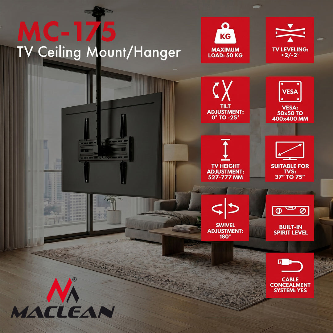 Support / fixation au plafond pour téléviseur Maclean, charge max. 50 kg, 37-75", VESA max. 400x400, MC-175