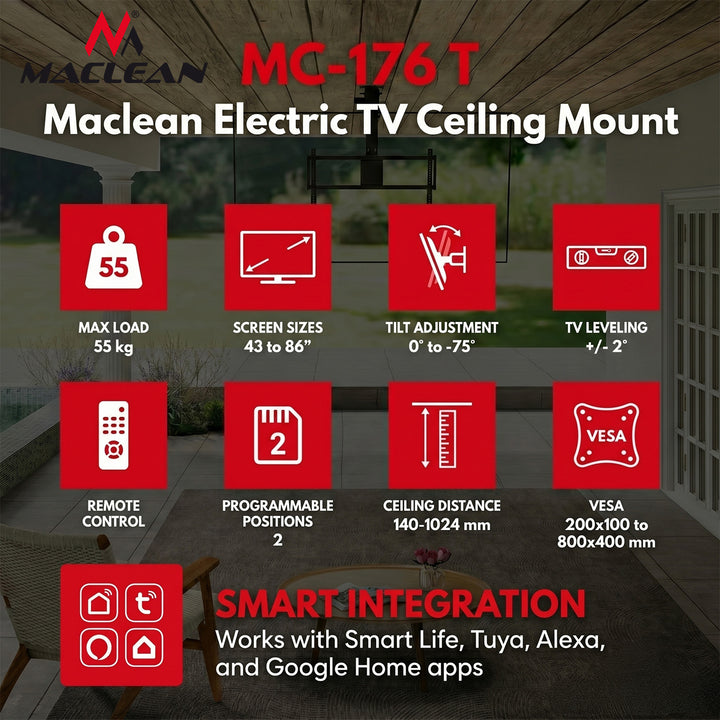 Support électrique pour téléviseur Maclean, à fixation au plafond, compatible Tuya, VESA max. 800 x 400, pour téléviseurs de 43 à 86 pouces, max. 55 kg, MC-176 T