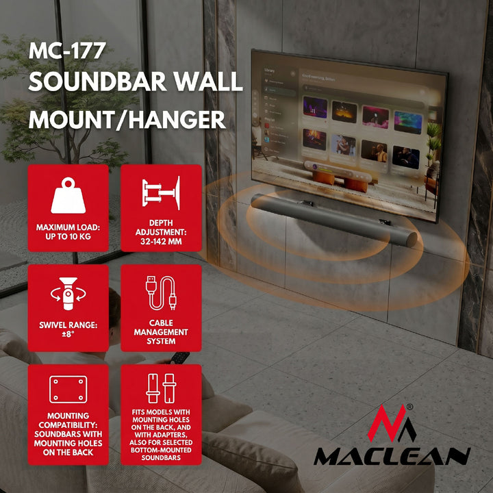 Support mural pour barre de son Maclean, réglage de l'angle de +8° à -8°, charge maximale de 10 kg, en acier, MC-177