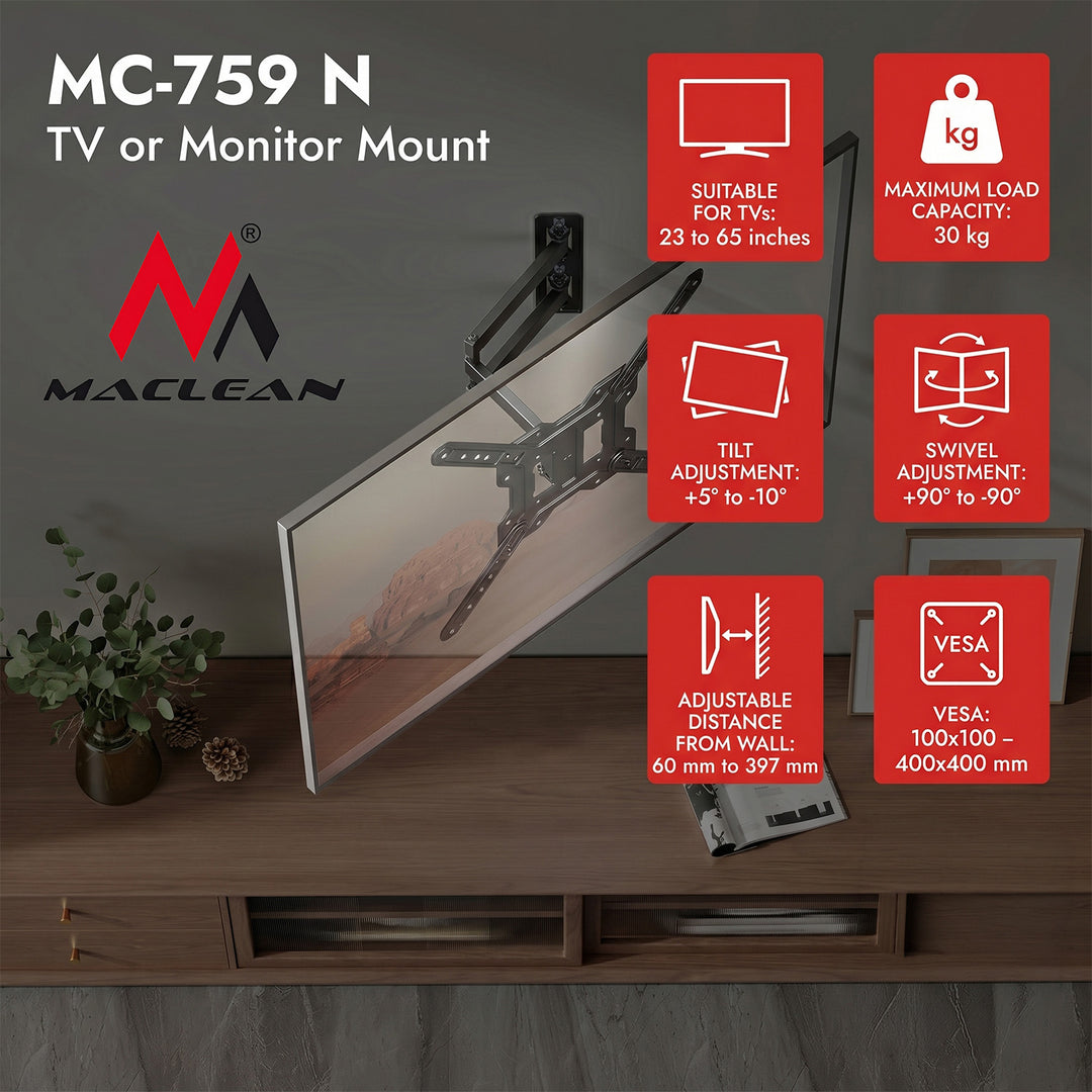 Support / fixation pour téléviseur ou écran Maclean, 23-65" max., charge max. 30 kg, universel, VESA 400x400 max., MC-759 N