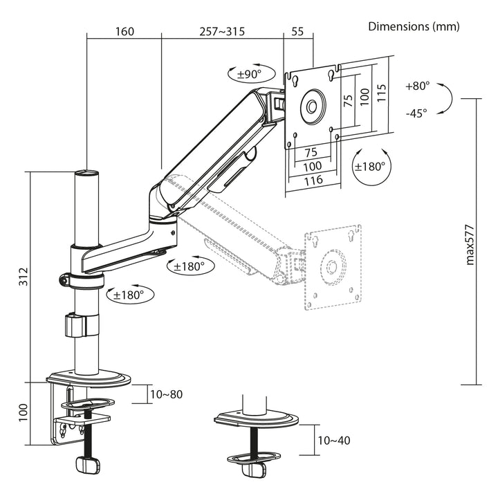 Support / fixation pour écran Ergo Office, vérin à gaz, 17"-32", 1-10 kg, noir mat, VESA max. 100x100, ER-691 B