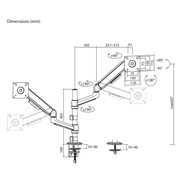 Support / fixation pour 2 écrans Ergo Office, vérin à gaz, 17"-32", 1-10 kg, blanc mat, ER-692 W