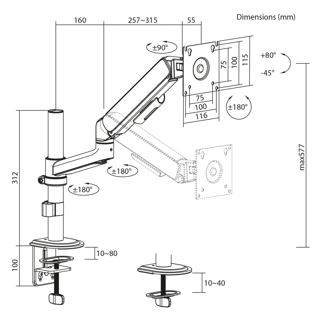 Support / fixation pour écran Ergo Office, vérin à gaz, 17"-32", 1-10 kg, blanc mat, VESA max. 100x100, ER-691 W