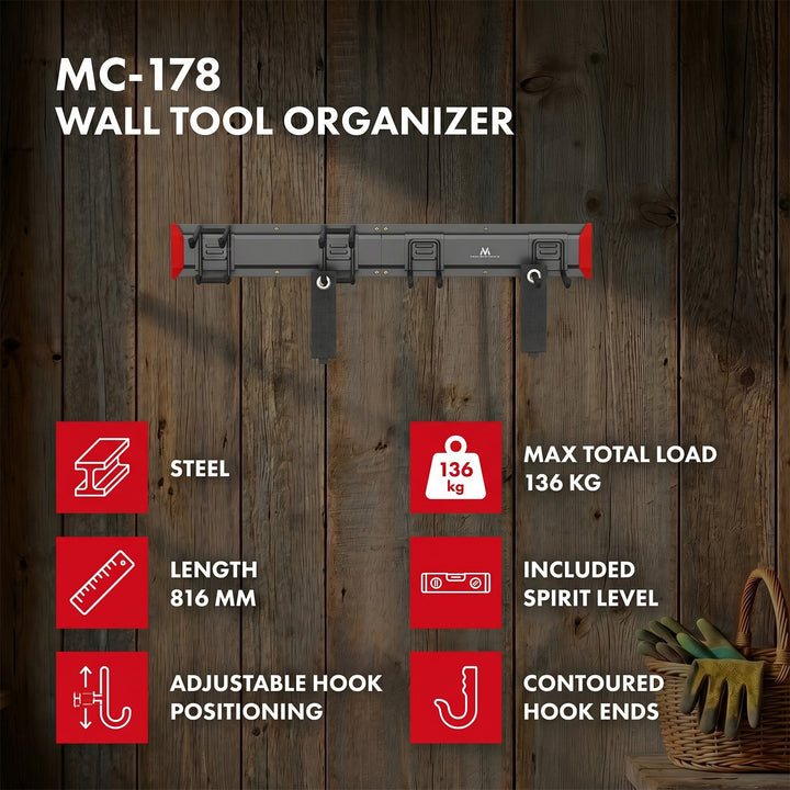 Organiseur mural pour outils Maclean, en acier, charge maximale 136 kg, largeur 816 mm, MC-178
