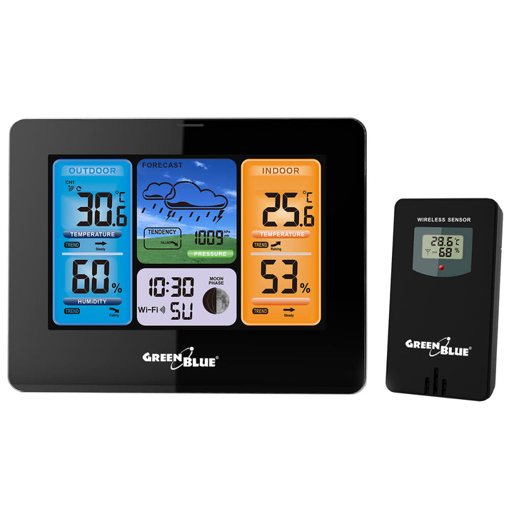 Station météo GreenBlue WiFi, compatible TUYA, capteur extérieur, calendrier, prévisions météo, baromètre, adaptateur secteur, piles, GB215