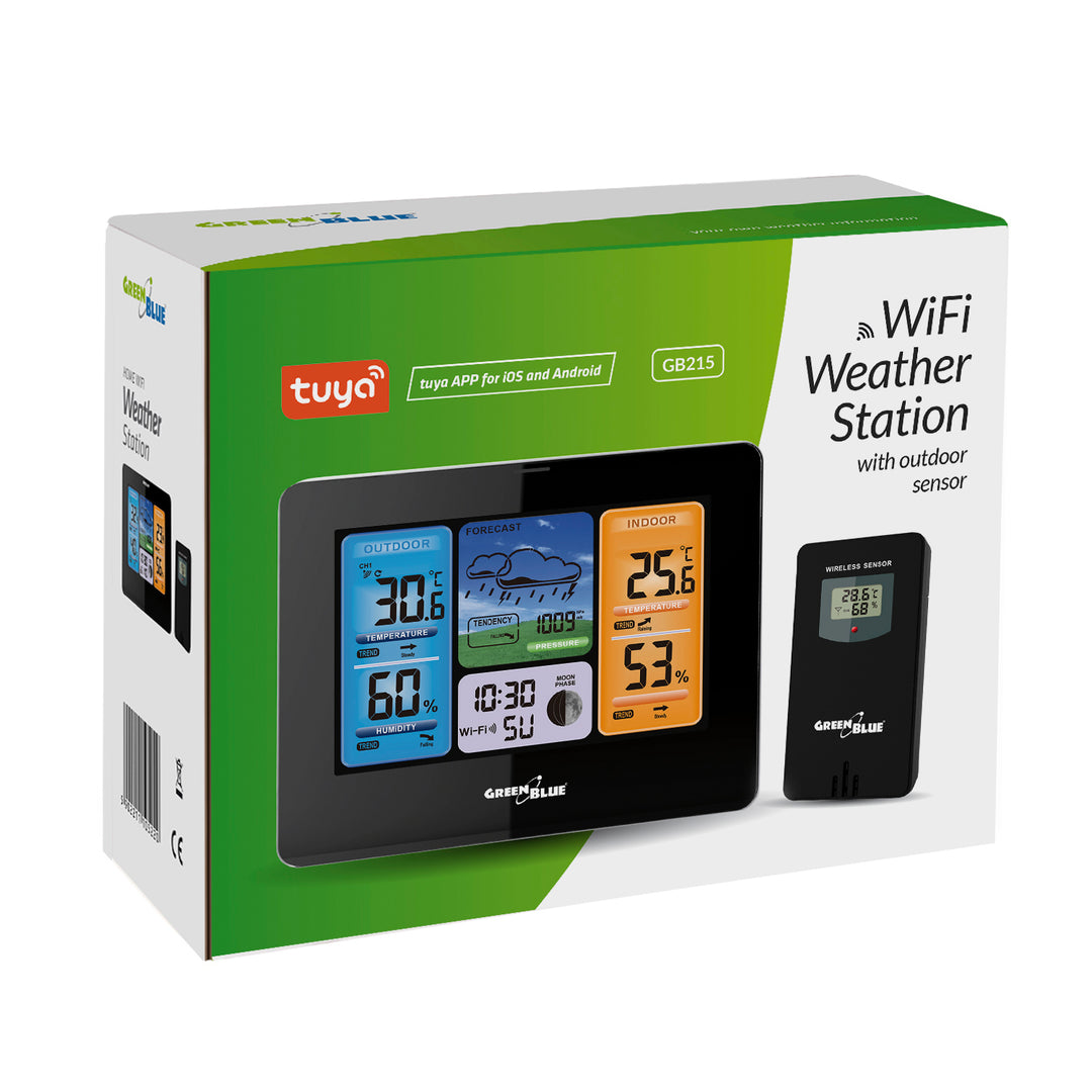Station météo GreenBlue WiFi, compatible TUYA, capteur extérieur, calendrier, prévisions météo, baromètre, adaptateur secteur, piles, GB215