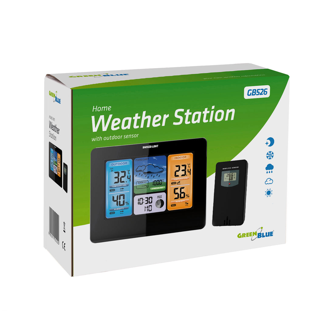 Station météo sans fil GreenBlue, couleur, avec DCF, phases de lune, adaptateur de courant, piles, GB526