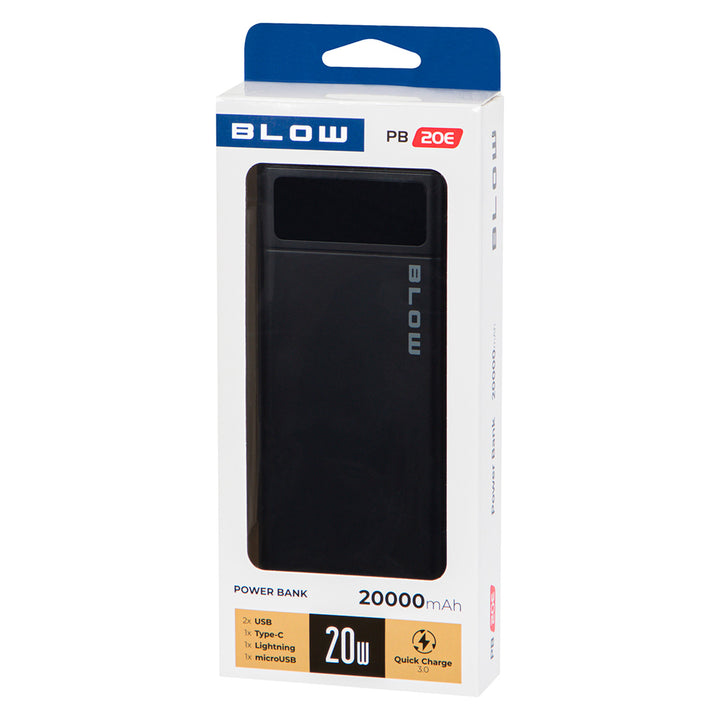Batterie externe 20 000 mAh PB20E QC+PD 20 W + Lightning, noire, Blow