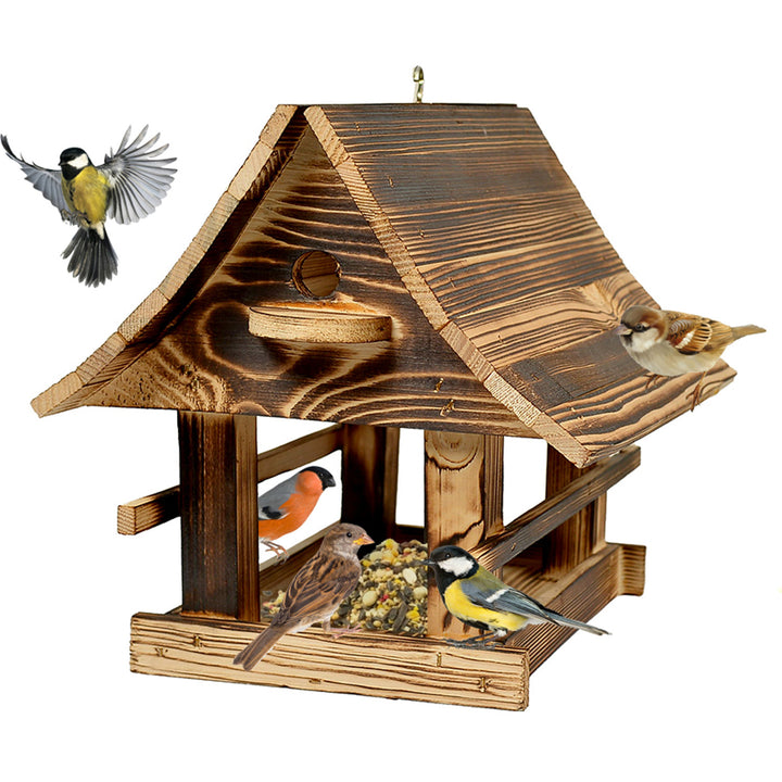 Mangeoire à oiseaux Woodok, en bois, cuite, crochet de suspension + graines pour oiseaux 1kg