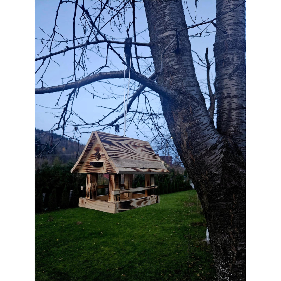 Mangeoire à oiseaux Woodok, en bois, cuite, crochet de suspension + graines pour oiseaux 1kg
