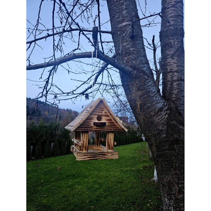 Mangeoire à oiseaux Woodok, en bois, cuite, crochet de suspension + graines pour oiseaux 1kg