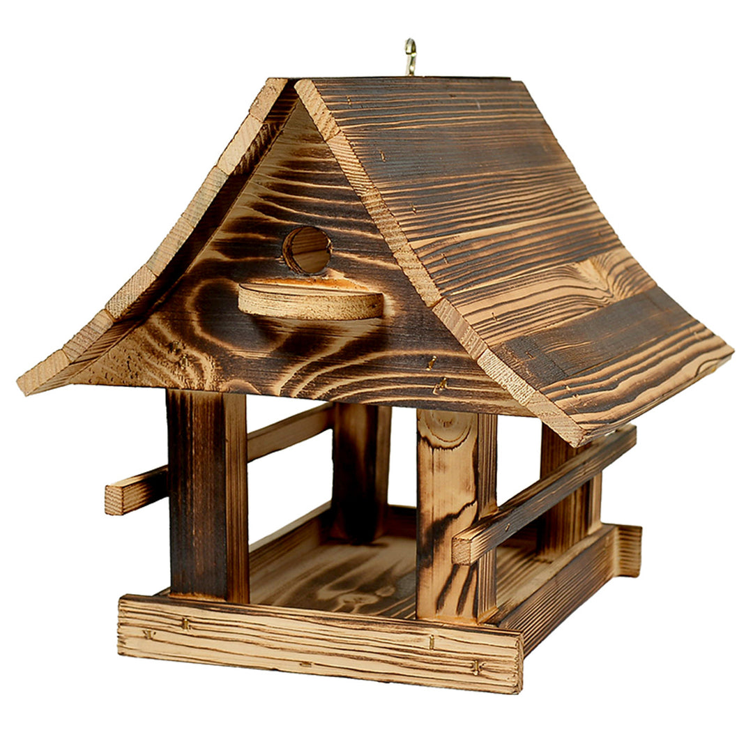 Mangeoire à oiseaux Woodok, en bois, cuite, crochet de suspension + graines pour oiseaux 1kg