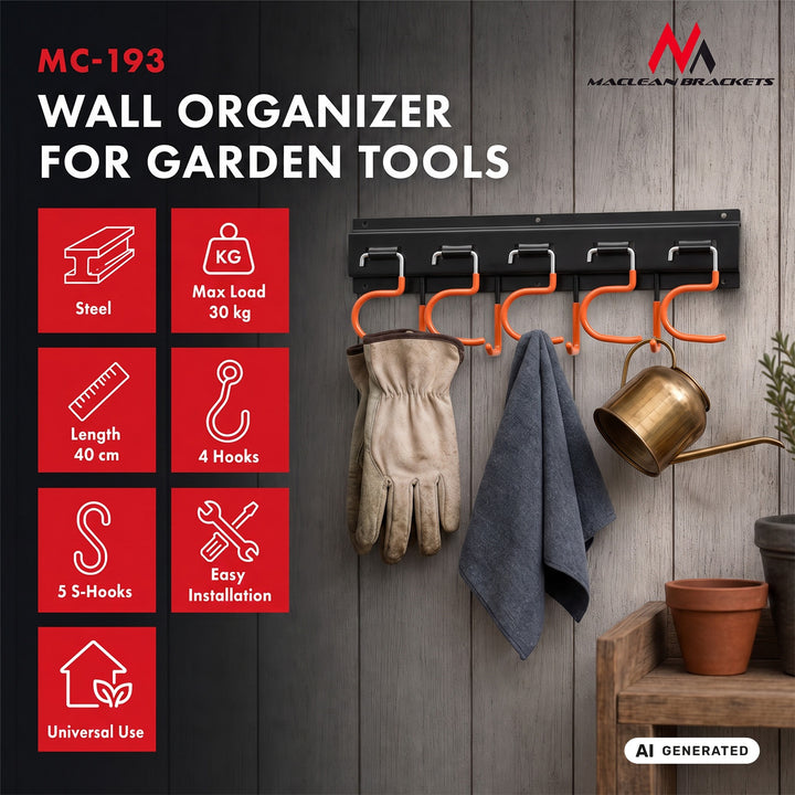 Organiseur mural pour outils de jardin Maclean, en acier, avec crochets, charge maximale de 30 kg, largeur 40 cm, MC-193