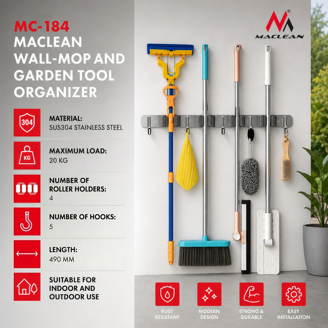 Organiseur mural pour outils de jardin et balais à franges Maclean, en acier, avec crochets, charge maximale de 20 kg, largeur 49 cm, MC-184