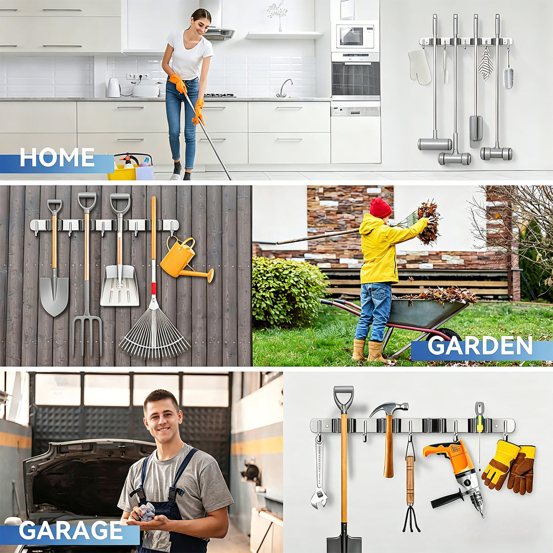 Organiseur mural pour outils de jardin et balais à franges Maclean, en acier, avec crochets, charge maximale 20 kg, largeur 60 cm, MC-185