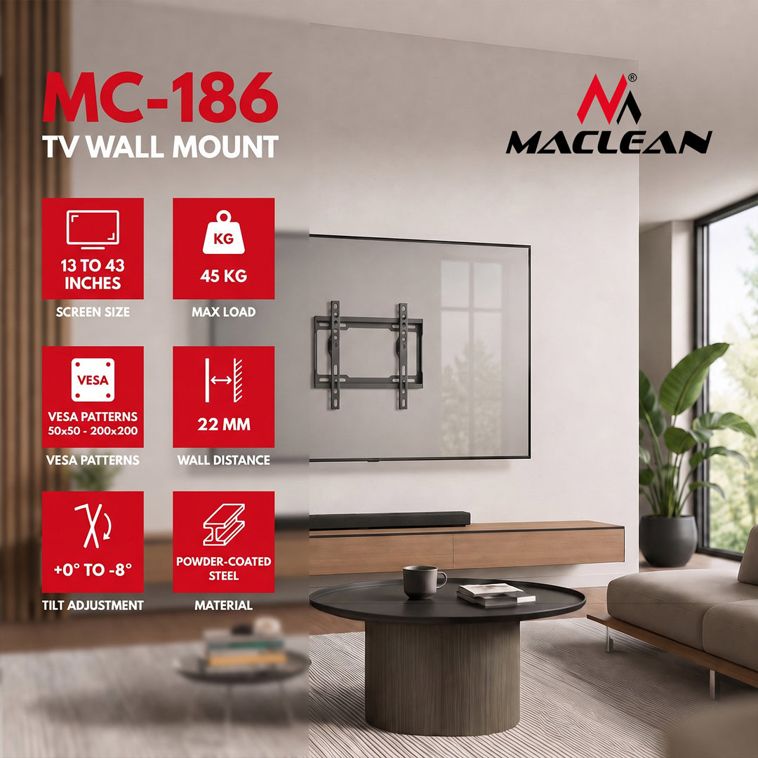 Support / fixation pour téléviseur Maclean, VESA max. 200x200, 13-43", jusqu'à 45 kg, noir, inclinaison réglable de 0° à -8°, MC-186