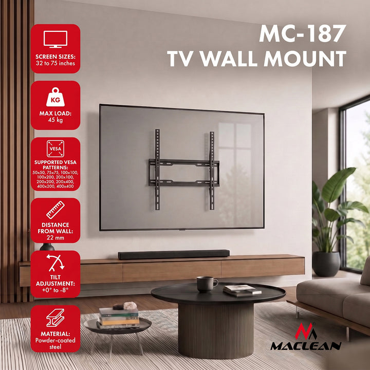 Support / fixation pour téléviseur Maclean, VESA max. 400 x 400, 32-75", jusqu'à 45 kg, noir, réglage de l'inclinaison 0°~-8°, MC-187
