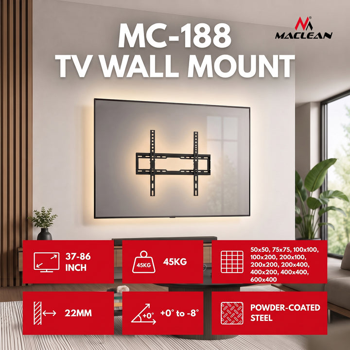 Support / fixation pour téléviseur Maclean, VESA max. 600 x 400, 37-86", jusqu'à 45 kg, noir, réglage de l'inclinaison 0°~-8°, MC-188