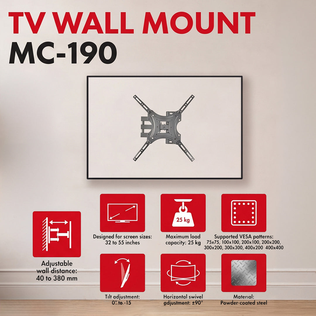 Support / fixation pour téléviseur Maclean, VESA max. 400 x 400, 32-55 pouces, jusqu'à 25 kg, noir, inclinaison réglable de 0° à -15° et rotation de +90° à -90°, MC-190