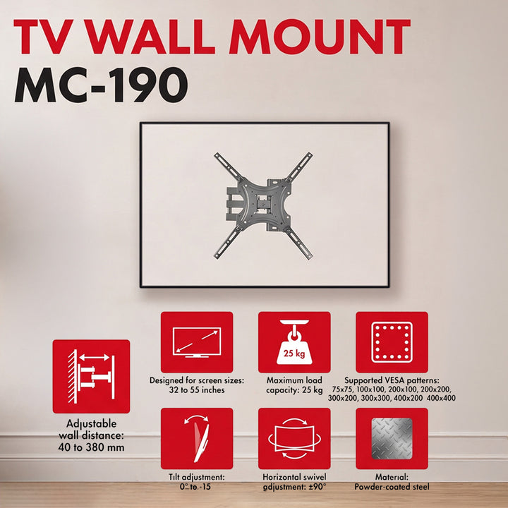 Support / fixation pour téléviseur Maclean, VESA max. 400 x 400, 32-55 pouces, jusqu'à 25 kg, noir, inclinaison réglable de 0° à -15° et rotation de +90° à -90°, MC-190