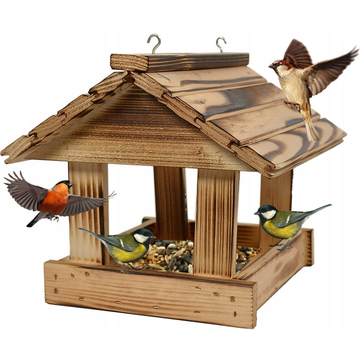 Mangeoire à oiseaux Woodok, bois d'épicéa, cuit, crochets solides + graines pour oiseaux 1kg