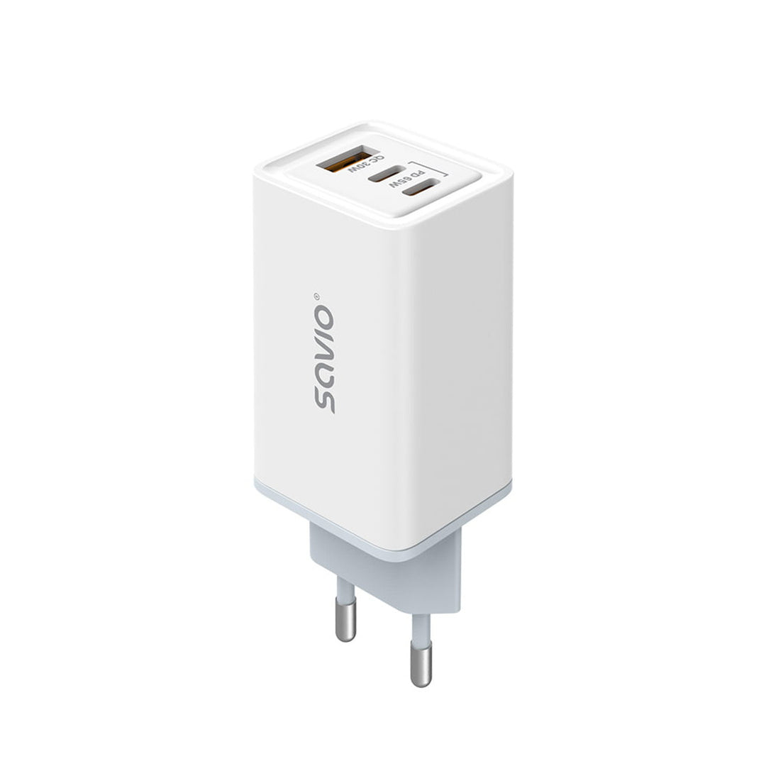 Chargeur secteur Savio, 1x USB-A, 2x USB-C, GaN, 65W, blanc, SAVLA-07