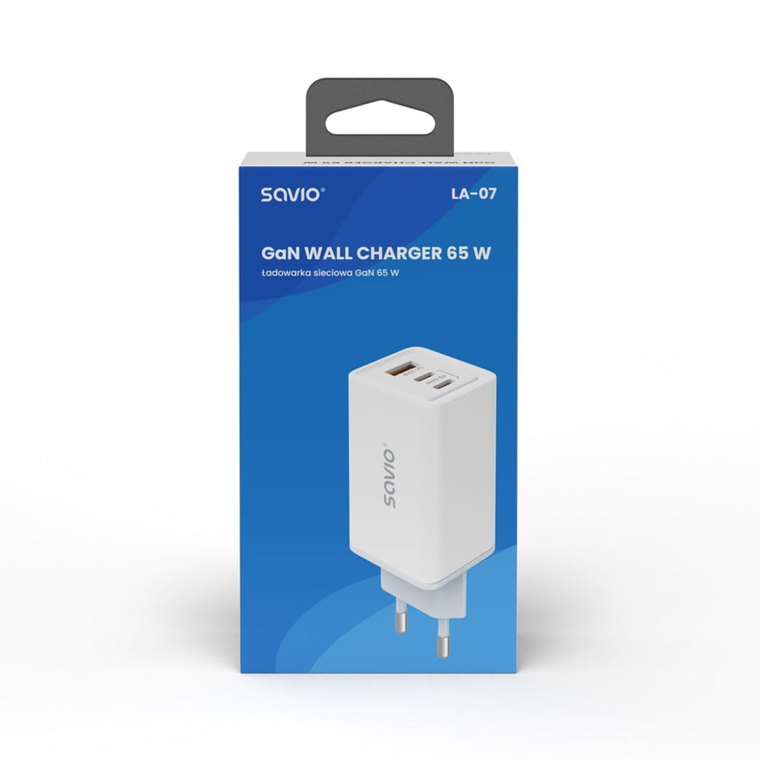 Chargeur secteur Savio, 1x USB-A, 2x USB-C, GaN, 65W, blanc, SAVLA-07
