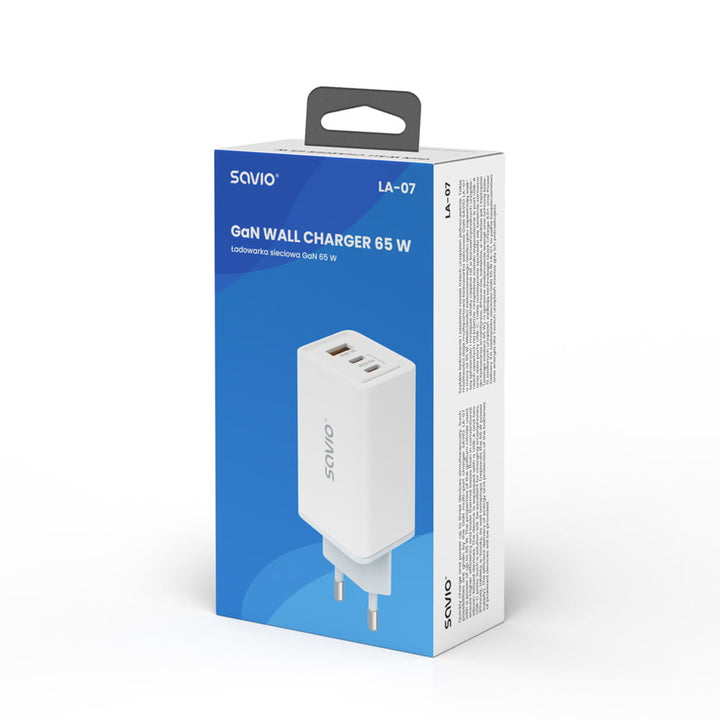 Chargeur secteur Savio, 1x USB-A, 2x USB-C, GaN, 65W, blanc, SAVLA-07