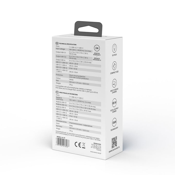 Chargeur secteur Savio, 1x USB-A, 2x USB-C, GaN, 65W, blanc, SAVLA-07