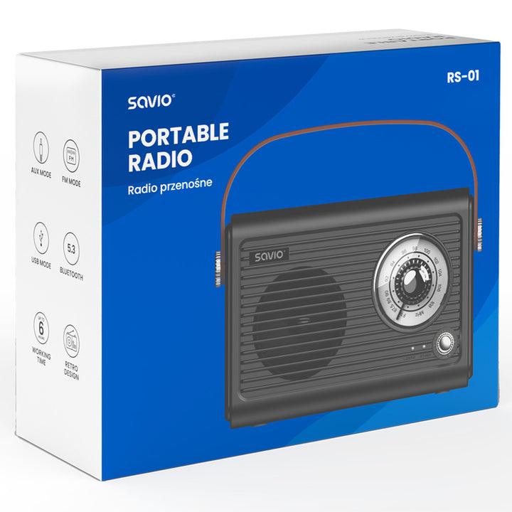 Radio FM portable Savio, alimentée par batterie, Bluetooth, AUX, SAVRS-01