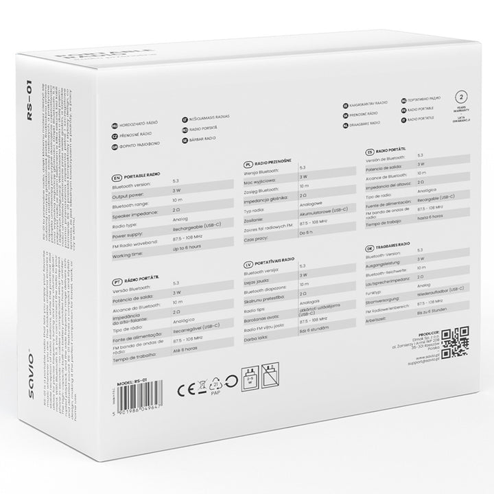 Radio FM portable Savio, alimentée par batterie, Bluetooth, AUX, SAVRS-01