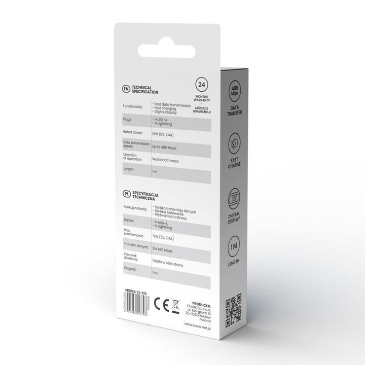 Câble USB à Lightning Savio, affichage numérique, longueur 1m, SAVKABELCL-173