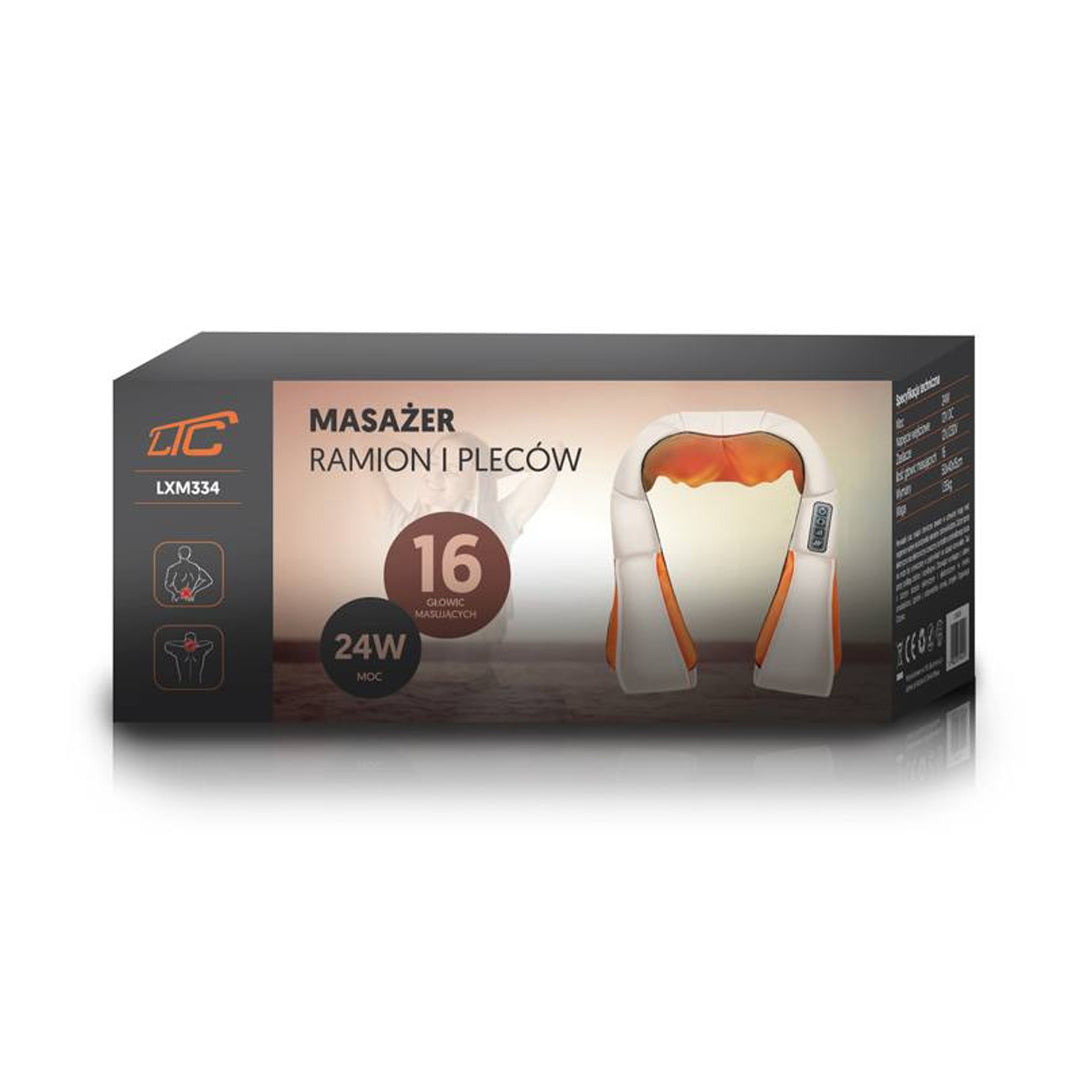 Masseur d'épaules LTC Shiatsu 6D, 3 vitesses, 5V, 24W, Fonction de chauffage, Rétro-éclairage LED, Sangles antidérapantes