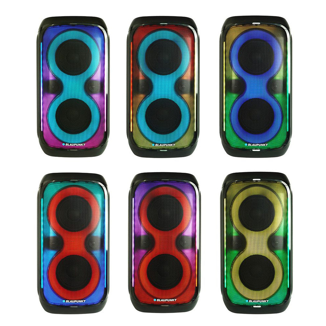 Enceinte Blaupunkt Party Box, éclairage LED, Bluetooth, USB et AUX, radio FM, fonction karaoké, télécommande, autonomie de la batterie jusqu'à 18h, PB60X
