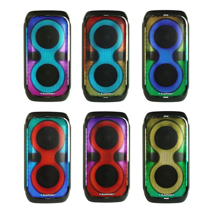 Enceinte Blaupunkt Party Box, éclairage LED, Bluetooth, USB et AUX, radio FM, fonction karaoké, télécommande, autonomie de la batterie jusqu'à 18h, PB60X