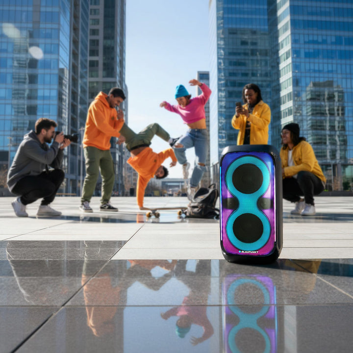 Enceinte Blaupunkt Party Box, éclairage LED, Bluetooth, USB et AUX, radio FM, fonction karaoké, télécommande, autonomie de la batterie jusqu'à 18h, PB60X