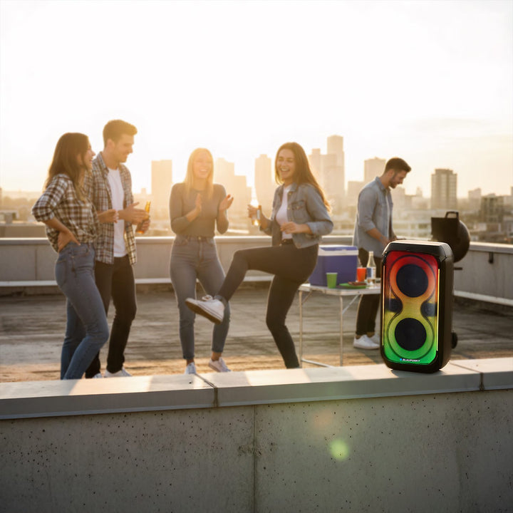 Enceinte Blaupunkt Party Box, éclairage LED, Bluetooth, USB et AUX, radio FM, fonction karaoké, télécommande, autonomie de la batterie jusqu'à 18h, PB60X